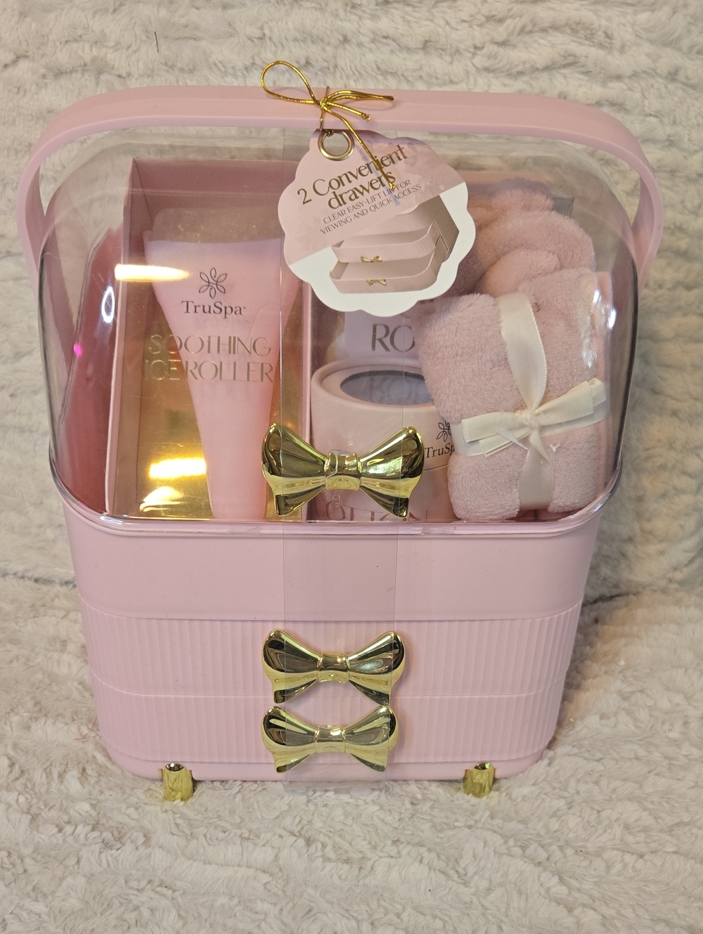 Pink Bath & Body Gift Set with Soothing Roller Headband Makeup Pads Qtips 2 Draw